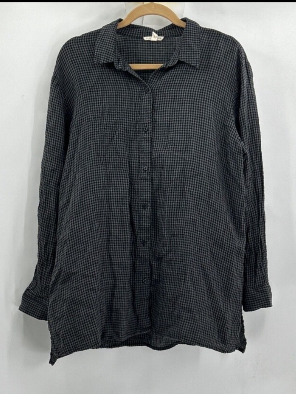 Eileen Fisher 100% Linen Gingham Button-Down Black/Grey Large